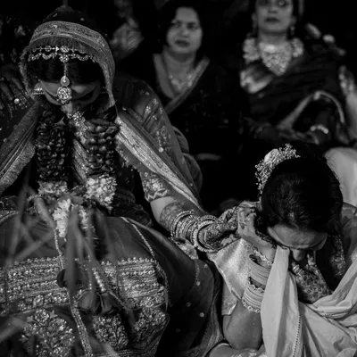 The Bidai is one of the most emotional moments of a wedding. This black and white photo captures the raw emotion of the bride and her mother, a powerful memory of love and transition.