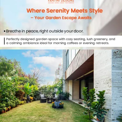 A perfectly designed garden space. We created a serene escape with comfortable seating on a lush lawn, surrounded by thoughtful plantation.