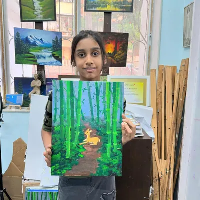 Another beautiful example of the Blurr Technique. This student created a soft, misty background for the deer in her forest painting, giving it a magical quality.