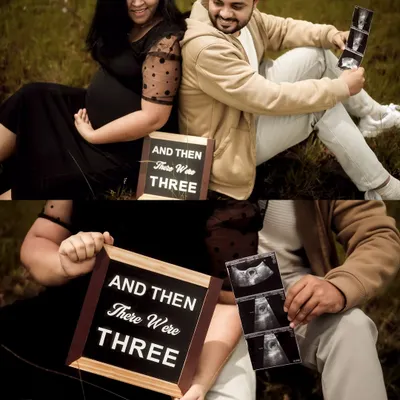 A classic announcement collage showing the couple together and a close up on the details. The "And Then There Were Three" sign and sonogram pictures tell the story clearly and beautifully.