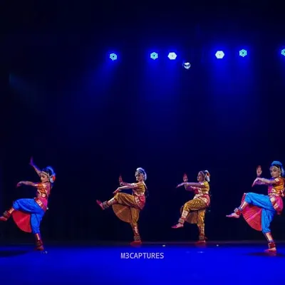 A vibrant group of our young dancers performing at the Sadhana Dance Festival. This festival is curated exclusively for our students to celebrate their dedication and artistic growth.