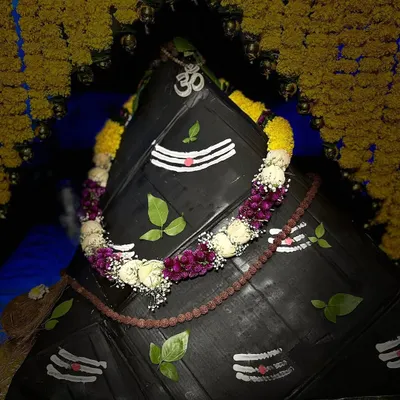 A close-up of the Shiva Lingam shringar. We carefully adorned the deity with sacred bilva leaves, a traditional tripundra, and a garland of fresh flowers, treating the process as a form of seva or devotional service.