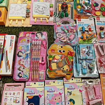This is a great overview of the small, budget friendly stationery items I keep. You can see princess themed pencil sets, mini wallets, fun erasers, and small paint sets that are perfect for party favor bags.