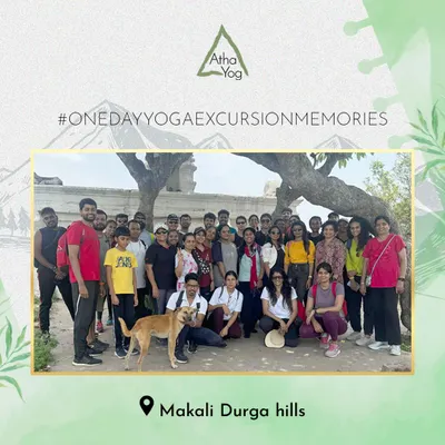 A group photo from our one-day yoga excursion to the beautiful Makali Durga hills. Combining nature, trekking, and yoga creates an unforgettable experience for our community.
