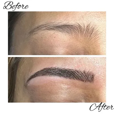 This before and after comparison clearly demonstrates the impact of microblading. Notice how the brows are transformed from sparse to perfectly full and defined, creating a natural yet polished look. This is the artistry you will learn to master.