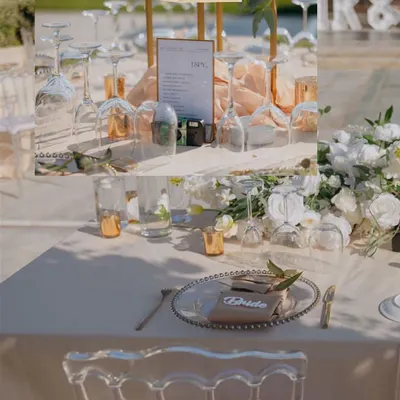 A close-up of an elegant table setting, featuring beaded charger plates, custom 'Bride' place cards, and delicate floral touches.