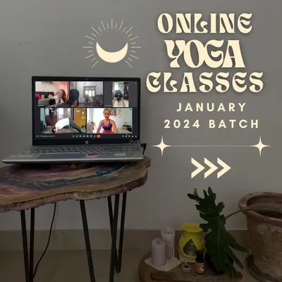 An announcement for my January 2024 online yoga batch. This graphic shows a laptop with a live class in session, illustrating the convenience of practicing from home.