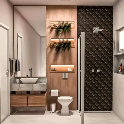 This bathroom design blends natural and modern elements with a wood-paneled wall, a marble-topped vanity, and a striking fish-scale tile pattern in the shower. The recessed, lit-up shelves add both storage and ambiance.