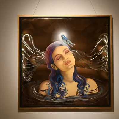 A closer look at "The God in small Lives," my 4x4 feet oil on metal piece. The reflective surface means the background changes with the light and the person viewing it, creating a living connection with the art.