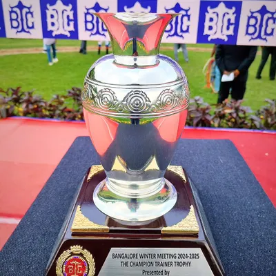 A close-up of the elegant Champion Trainer Trophy, awarded during the Bangalore Winter Meeting.