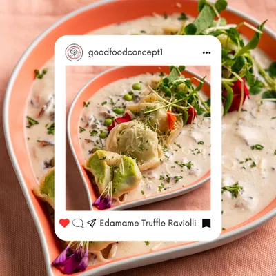 Holy Ravioli, this flavor’s divine! Our Edamame Truffle Ravioli is a sophisticated dish, with delicate pasta parcels floating in a creamy, savory sauce that will transport you straight to Italy.