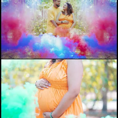 This collage shows the fun and versatility of a smoke bomb session. We can create both romantic couple shots surrounded by colorful clouds and beautiful close-ups that put all the focus on your baby bump.