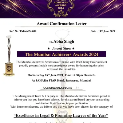 The official confirmation letter for "The Mumbai Achievers Awards 2024," where I was honored with the "Excellence in Legal & Promising Lawyer of the Year" award. I am truly humbled by this recognition of my decade-long journey at the Bombay High Court.