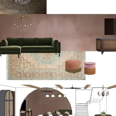 This was our initial mood board and sketch for the Quiet Ornate project. We envisioned deep rosé walls, a wallpapered ceiling, and a plush olive sofa to create a layered, moody vibe.