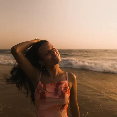 Capturing a moment of pure bliss during the golden hour on a Goa beach. My portrait sessions are all about natural light and authentic expressions, creating timeless travel photos.