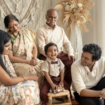 A beautiful multi-generational family portrait filled with laughter. The grandparents, parents, and grandchild are all sharing a moment of pure joy together in my studio.