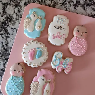 A beautiful set of royal icing cookies made for a baby shower. The "He or She?" theme is carried across different shapes, including baby rompers and stork designs, all in delicate pastel colours.