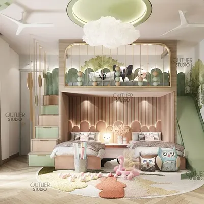 Welcome to every kid’s dreamland. This playful paradise features a custom bunk bed with its own slide and staircase, a soft green color palette, and a forest-themed mural that sparks imagination and adventure.