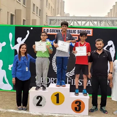 A proud moment on the podium at the GD Goenka School's Sport Fiesta. Our player Laksh Malik stands tall at the number one spot after winning the Under 12 table tennis competition.