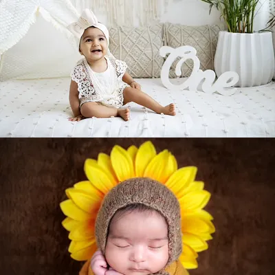 Then and Now. From a sleepy newborn wrapped up like a sunflower bud to a happy, smiling one-year-old. It's amazing to watch them grow.