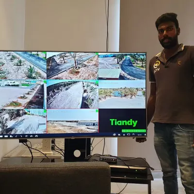 This is the view from a complete Tiandy PTZ camera installation. You can see multiple camera feeds covering a large outdoor property, all displayed with excellent clarity on one screen.