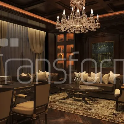 I designed this home office to be a retreat where elegance meets productivity. The rich wood textures, leather details, and grand crystal chandelier recreate an old-world charm, creating a space for work, creativity, and unwinding.