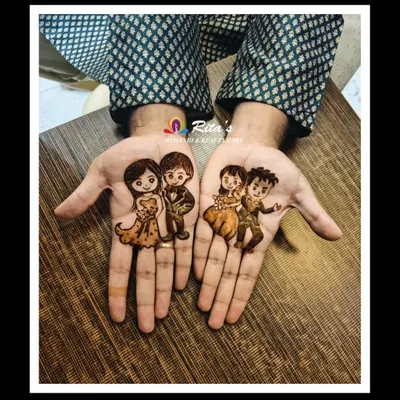 A simple and sweet caricature design for the groom, showing him and his bride. This is a popular choice for grooms who want a touch of henna.