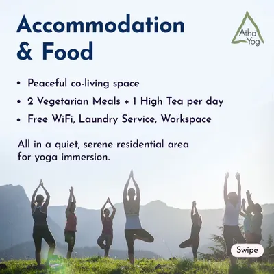 A residential course is about creating a complete yogic environment. This graphic explains our accommodation and food arrangements, which include a peaceful co-living space, two vegetarian meals and high tea each day, and essential amenities like WiFi and laundry. It is all designed for a serene yoga immersion.
