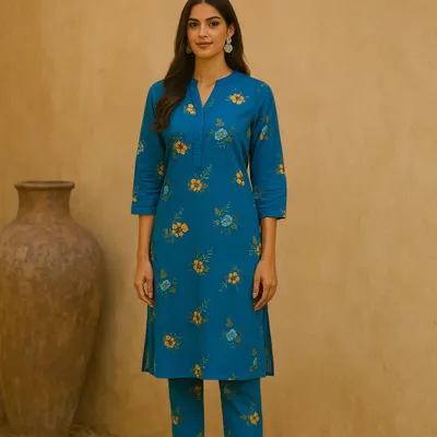 A perfect example of everyday elegance. This straight-cut kurta and pant set is crafted from our printed cotton, offering a comfortable and stylish look for daily wear.
