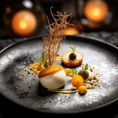 An exploration of flavour and texture. This Truffle Ginger Dessert features a delicate mousse, intricate sugar work, and fresh fruit, all artfully arranged on a modern black plate to create a sophisticated culinary statement.