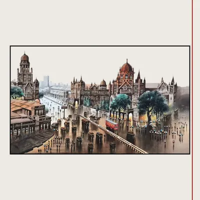 A detailed architectural painting of Mumbai's historic buildings, capturing the city's unique blend of heritage and motion.
