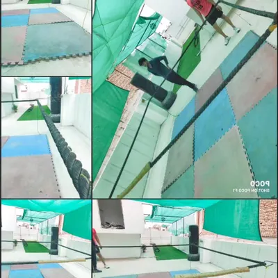 Our rooftop boxing ring setup. The collage shows the matted floor, ropes, and open space where we conduct many of our training and sparring sessions.