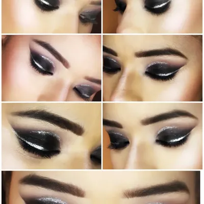 A collage showing the steps and different angles of a graphic smokey eye. This look features a sharp white liner over a black glitter base for a modern, edgy effect.