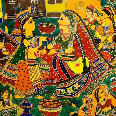 A vibrant Madhubani painting depicting a traditional wedding scene, filled with intricate details, bright colors, and cultural symbolism.
