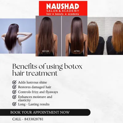 This graphic explains the many benefits of a Botox hair treatment. It's not just about shine; it restores damaged hair, controls frizz, and enhances moisture for long lasting results.
