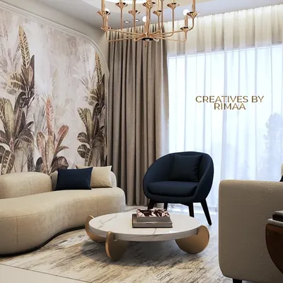 This living space concept blends earthy tones and clean lines for a serene yet sophisticated ambiance. The curved sofa and botanical wallpaper add a soft, organic feel, while deep blue accents provide a touch of richness, perfectly integrating tradition with contemporary design.