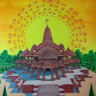My completed drawing of the Ram Mandir, finished just in time for the new year. The background with 'Shri Ram' written in an arch took a lot of patience, but I am so happy with the result.