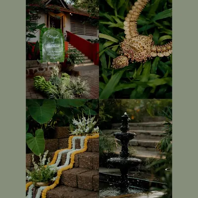 A collage of beautiful details from a wedding at The Peacock Grove, showcasing the lush decor, floral arrangements, and traditional jewelry.