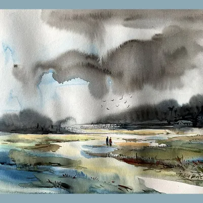An untitled watercolor landscape showing a vast, open field under a dramatic, cloudy sky.