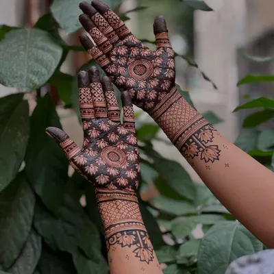This design is a perfect blend of modern and traditional. It features a dense lotus pattern on the palm with negative space, paired with a lighter jaali pattern on the wrist.