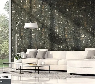 This is how our Green Grey Muddy Drizzle texture can look in a modern living room. It creates a dramatic, organic backdrop that pairs well with contemporary furniture and minimalist decor.