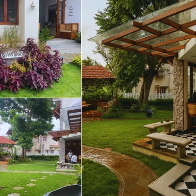 A collage of the Adarsh Palm Meadows project, showing the manicured lawn, stone pathway, and how the landscape design frames the villa's entrance and outdoor seating areas.
