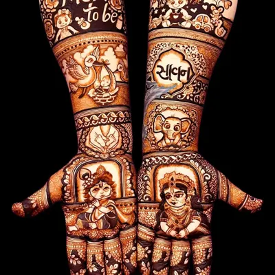 A perfect design for a baby shower celebration. This custom mehandi features "Mom to be" and "Daddy to be" themes, along with adorable baby figures and the child's name.
