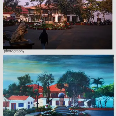 A comparison of a photograph I took of the Sir J.J. School of Art campus and my landscape painting of the same scene. This shows how I interpret a real location, transforming it through color and composition.