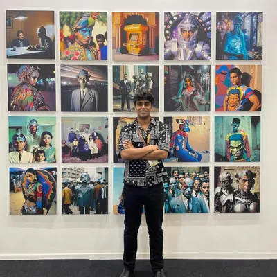 Standing in front of my work at an exhibition. It's been a surreal and special journey to see these weird experiments I started in my room end up on gallery walls.