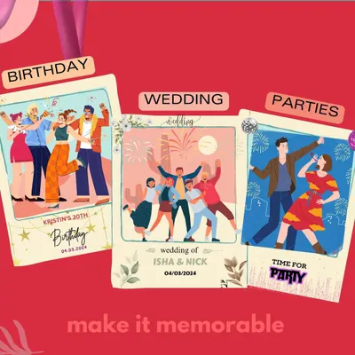 I've got you covered for any celebration. This graphic shows examples of custom templates I can create for birthdays, weddings, and any other party you can dream up.
