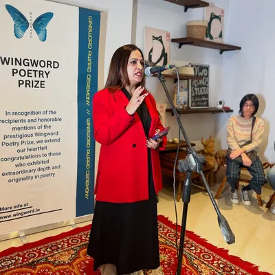 Our chief guest, Meenakshi Singh, addressing the attendees at the 7th annual Wingword award ceremony. It's a day of inspiration and celebration.