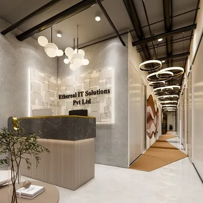 The reception area we designed for Ethereal IT Solutions in Noida. The design features a modern desk, abstract wall textures, and contemporary lighting to make a strong first impression on clients and visitors.