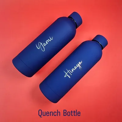 My Quench bottles have a sleek, matte finish and are perfect for staying hydrated in style. I can engrave names on them, as seen here on these two blue bottles.