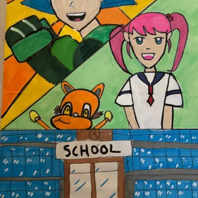 This is the first page of a student-created comic, introducing the main characters and setting. We teach students how to build a world for their stories.
